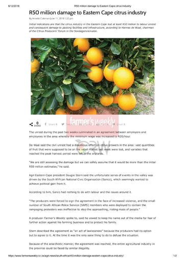 R50 million damage to Eastern Cape citrus industry