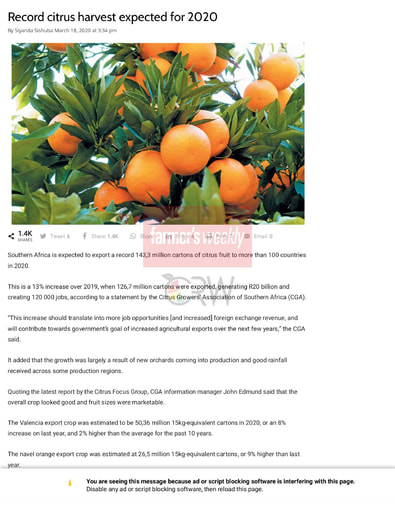 Record citrus harvest expected for 2020