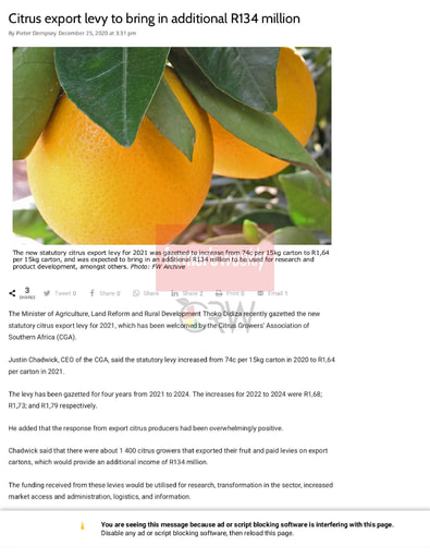 Citrus export levy to bring in additional R134 million