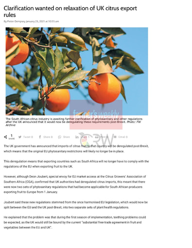 Clarification wanted on relaxation of UK citrus export rules