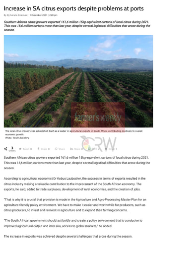 Increase in SA citrus exports despite problems at ports
