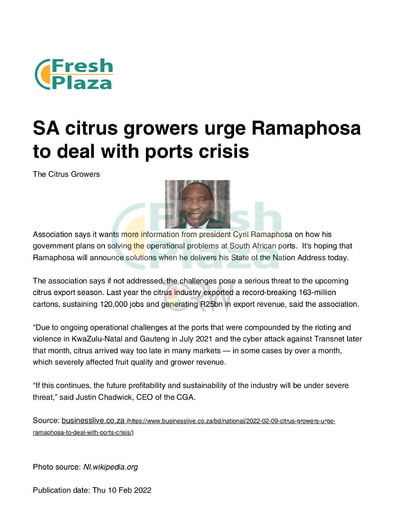 SA citrus growers urge Ramaphosa to deal with ports crisis