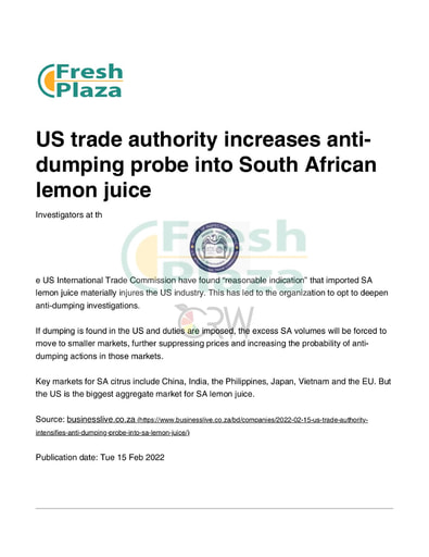 US trade authority increases anti-dumping probe into S African lemon juice