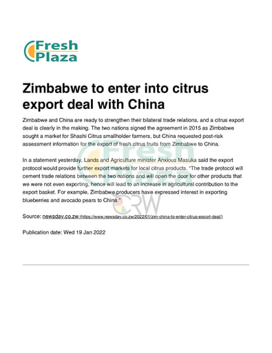 Zimbabwe to enter into citrus export deal with China
