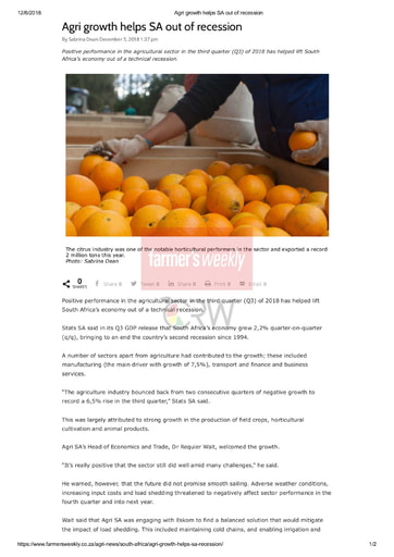 Agri growth helps SA out of recession